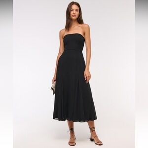 A&F CAMILLE STRAPLESS GODET MIDI DRESS BLACK
